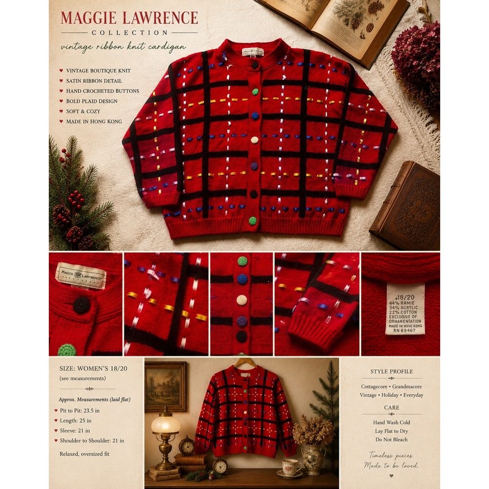 Vintage Plaid Ribbon Knit Cardigan Red Holiday Cottagecore Sweater‎ XL